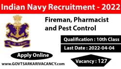 Indian Navy Fireman Recruitment 2022 for 127 Fireman, Pharmacist Posts